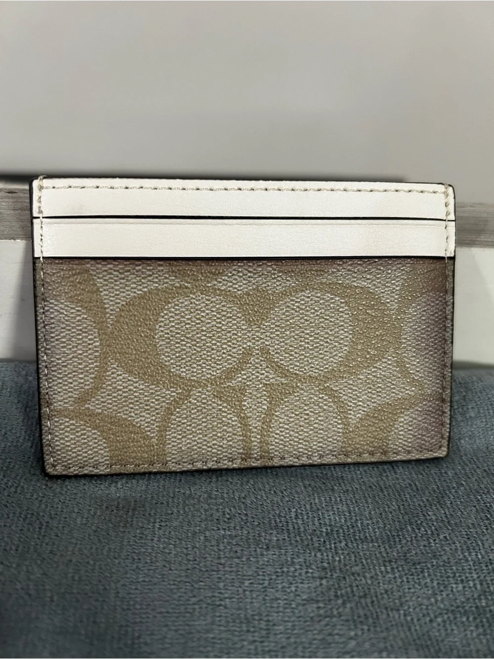 Coach Beige Signature Canvas Card Case with White Leather